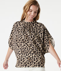 Mock Neck Tie Back Batwing Short Sleeve Ruched Leopard Print Work Blouse