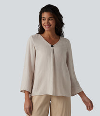 V-neck Roll Up Sleeve Linen-Blend Casual Top