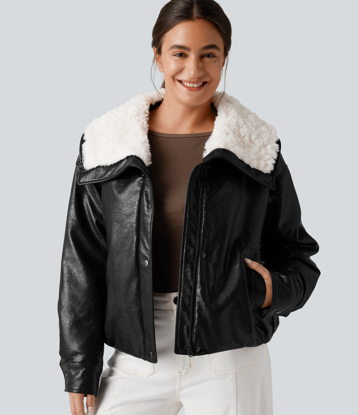 Faux Fur Collar Zip Fly Casual Faux Leather Jacket with Pockets