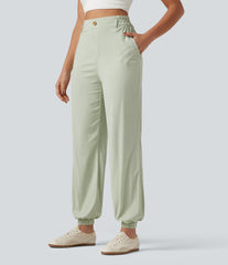 High Waisted Casual Stretch Linen Joggers with Pockets
