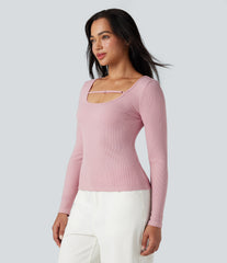 Ribbed Knit U-Neck Long Sleeve Work T-Shirt
