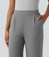 High Waisted Stripes Work Wide Leg Pants with Pockets