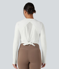 Round Neck Long Sleeve Contrast Mesh Tie Back Running Sports Top