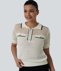 Half Zip Short Sleeve Cut Out Color Block Casual Sweater