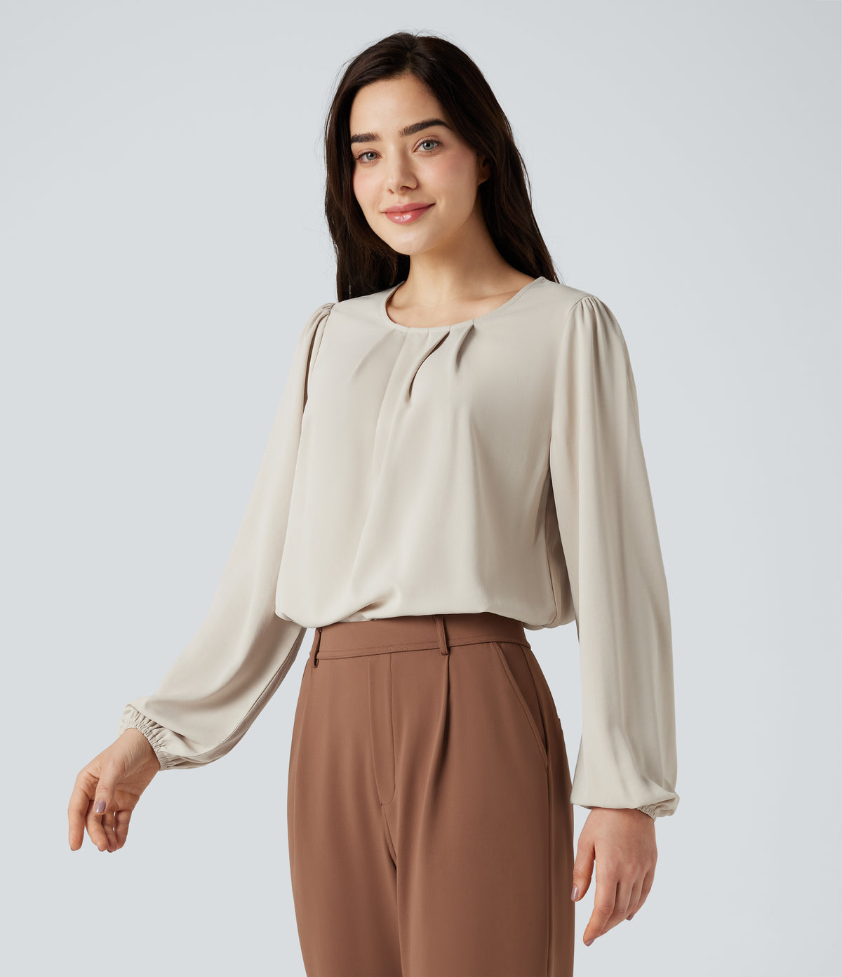Round Neck Keyhole Back Puff Sleeve Curved Hem Relaxed Work Blouse
