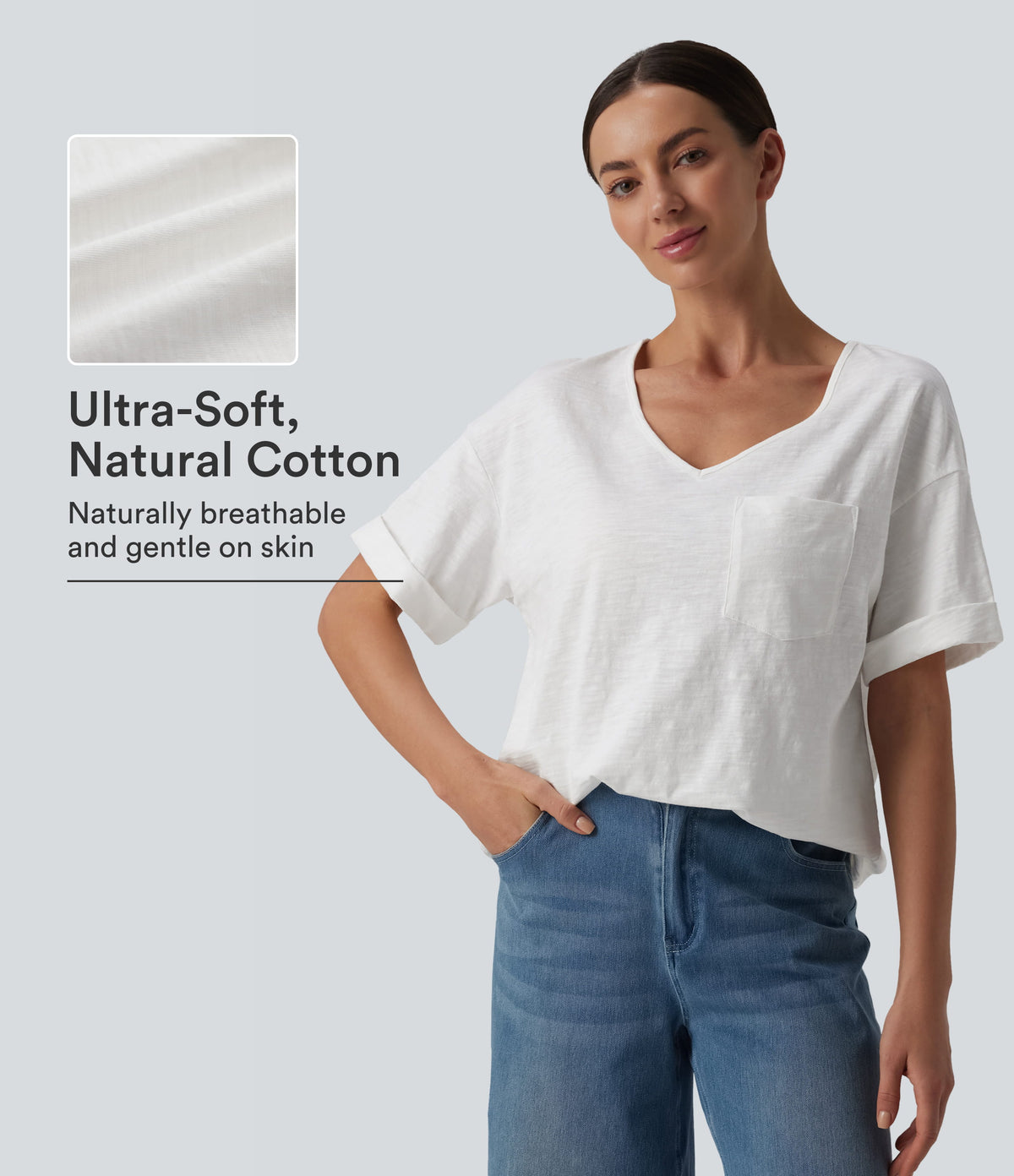 Sweetheart Neck Roll Short Sleeve Relaxed Casual Slubbed Cotton T-Shirt with Pocket