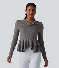 Cowl Neck Long Sleeve Ruffle Hem Work T-Shirt