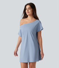 SoftlyZero™ Airy One Shoulder Short Sleeve Built-in Bra InstantCool Mini Casual Dress