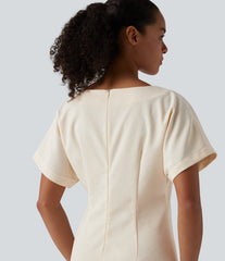 Boat Neck Short Sleeve Midi Work Linen-Blend Dress
