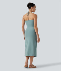 Halter Tie Back Built-in Bra Midi Resort Dress with Pockets