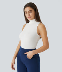 Ribbed Knit High Collar Sleeveless Casual T-Shirt