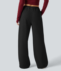 Mid Rise Drawstring Wide Leg Fleece Casual Pants with Pockets