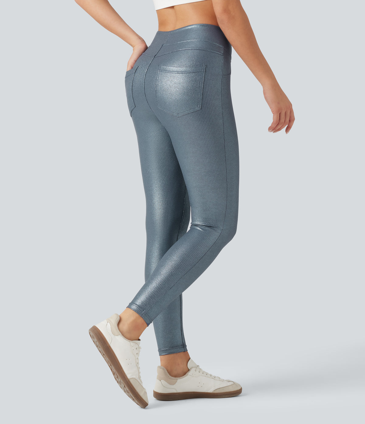 Ribbed Knit High Waisted Foil Print Yoga Leggings with Pockets