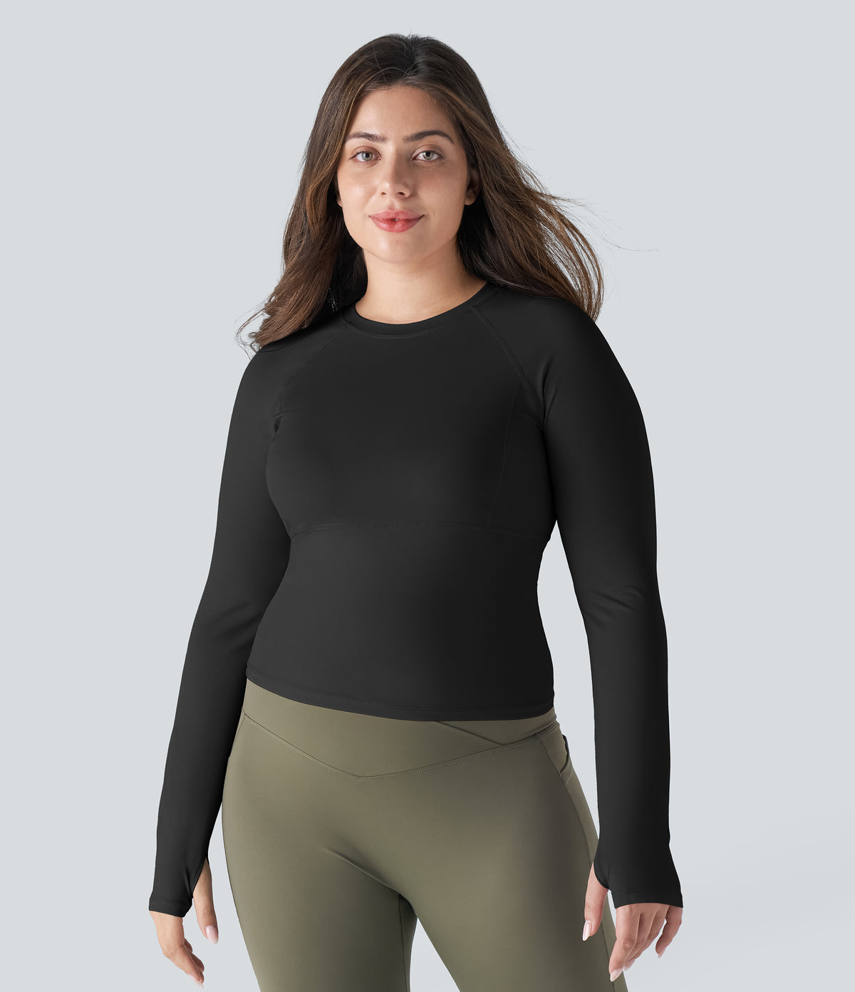 Solid Thumb Hole Yoga Plus Size Sports Top