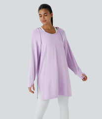 Hooded V Neck Drawstring Thumb Hole Longline Casual Sweatshirt