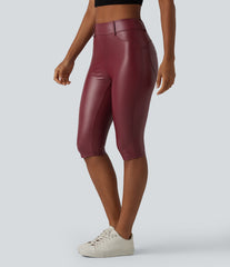 High Waisted Stretchy PU Casual Pedal Pushers Leggings with Pockets