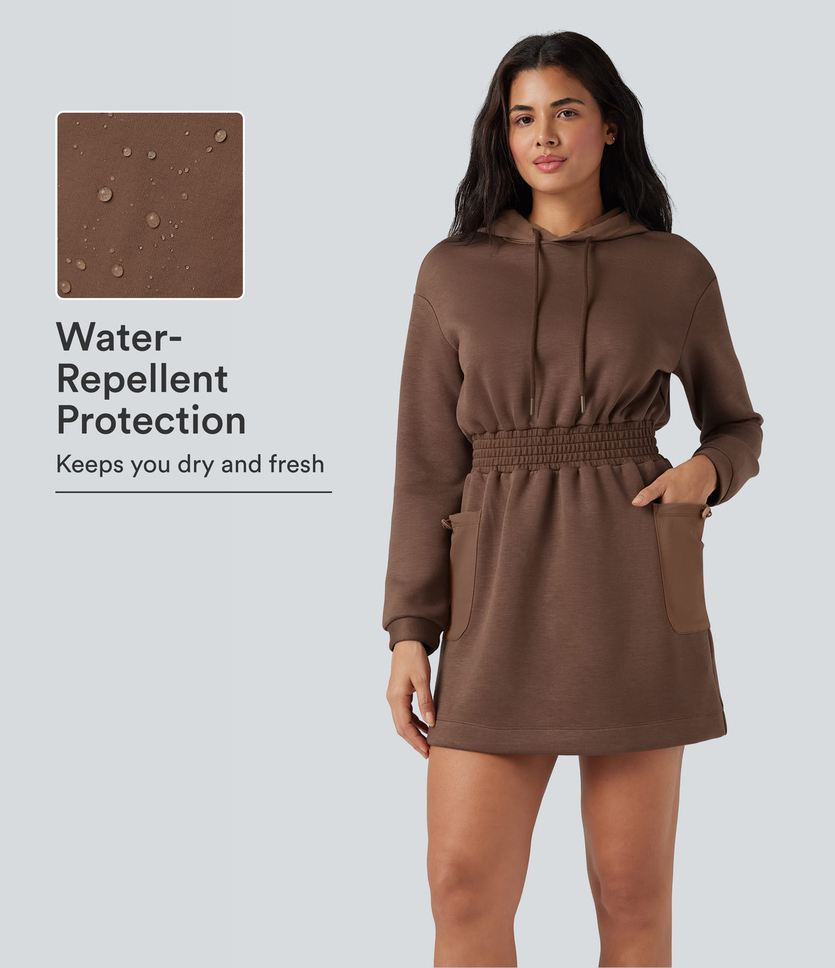 SpacerTek™ Hooded Drawstring Long Sleeve Mini Hiking Active Dress with Pockets