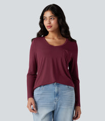 V-neck Long Sleeve Curved Hem Relaxed Casual T-Shirt with Pocket