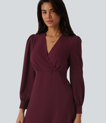 V-neck Puff Long Sleeve Midi Casual Dress