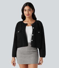 Round Neck Long Sleeve Casual Cardigan with Pockets