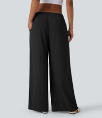 Low Rise Pocket Wide Leg Waffle Casual Pants