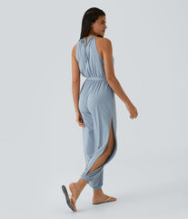 Sleeveless Tie Back Belted Pocket Cut Out InstantCool Jumpsuit-UPF50+