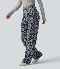 High Waisted Crossover Wide Leg Leopard Print Waffle Casual Pants with Pockets