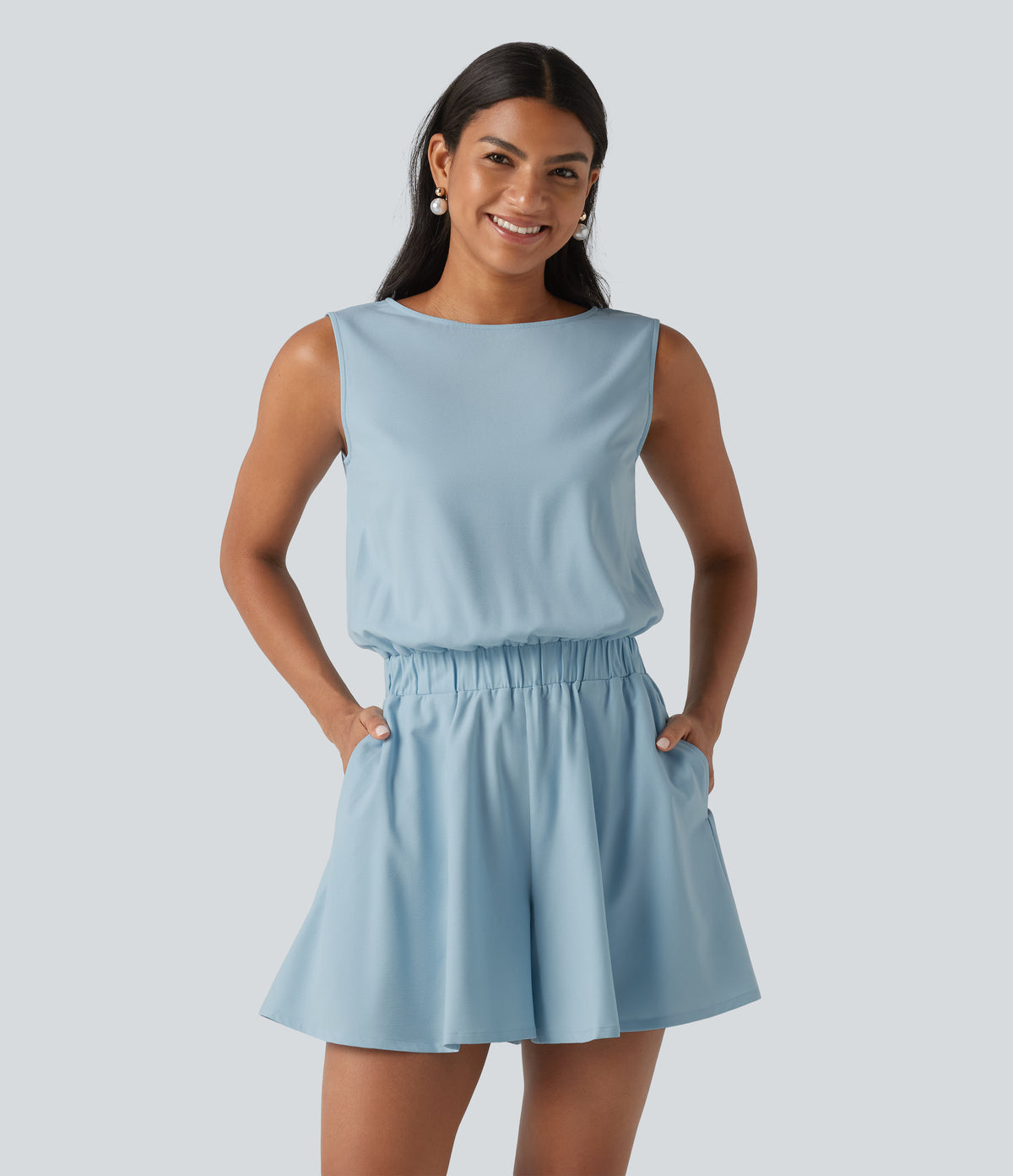 Boat Neck Sleeveless Casual Chiffon Romper with Pockets-Easy Peezy Edition