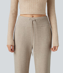 Ribbed High Waisted Drawstring Flare Casual Pants with Pockets