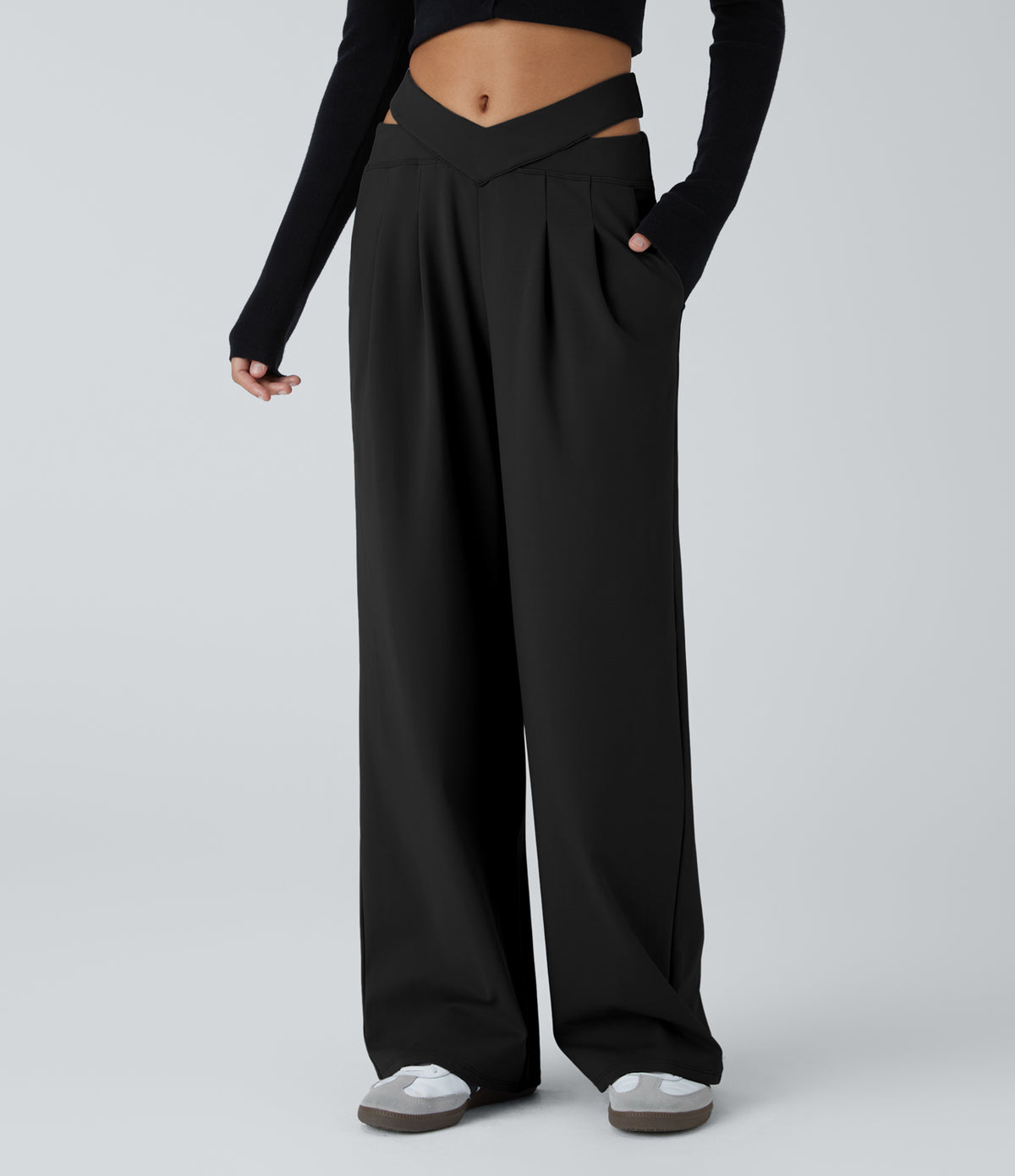 DayStretch V Shaped Mid Rise Cut Out Casual Baggy Pants with Pockets