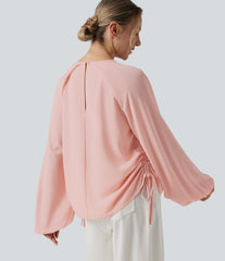Round Neck Long Sleeve Drawstring Casual Shirt