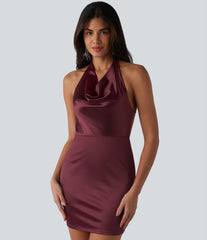 Cowl Neck Halter Backless Tie-back Bodycon Mini Party Satin Dress