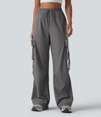 High Waisted Drawstring Quick Dry InstantCool Workout Straight Leg Cargo Pants with Pockets-UPF40+
