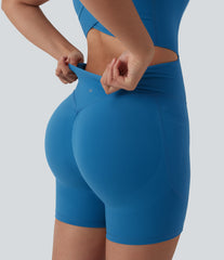 Halara UltraSculpt™ Crisscross Backless Tummy Control Butt Lifting Scrunch Non-Removable Pad Workout Skinny Romper with Pockets-Easy Peezy