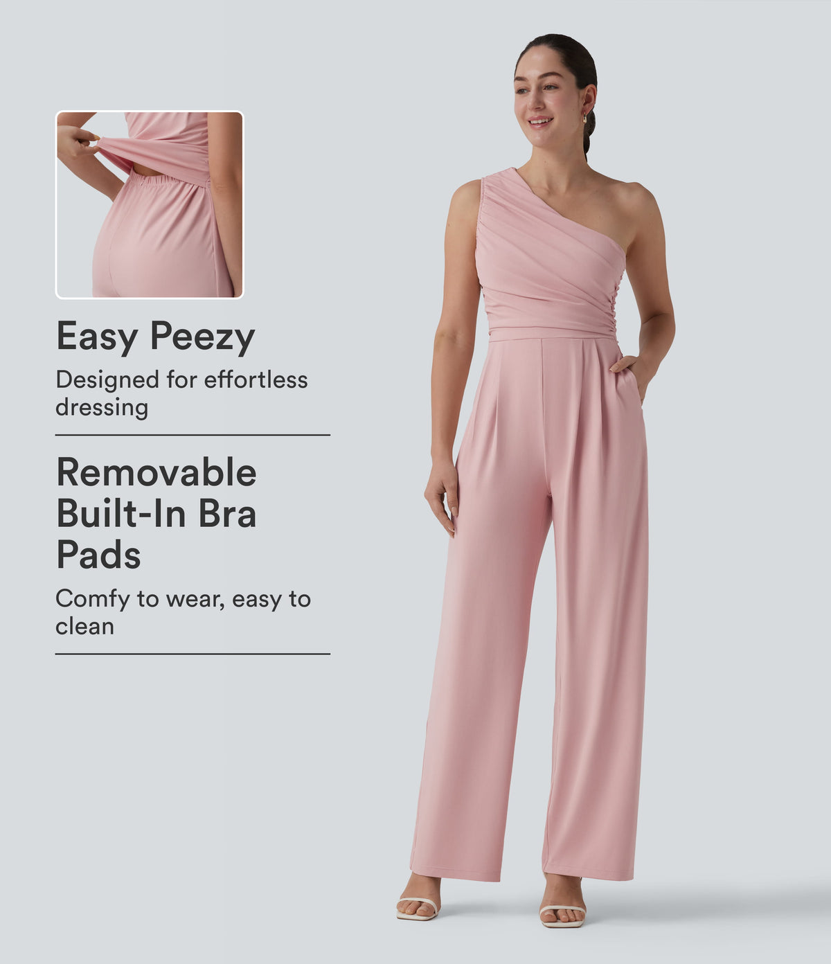One-shoulder Sleeveless Ruched Built-in Bra Casual Jumpsuit with Pockets-Easy Peezy