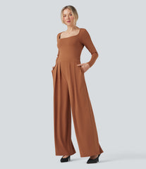 U-Neck Long Sleeve Wide Leg Casual Jumpsuit with Pockets