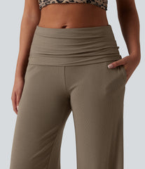 Ribbed Knit Foldover Super High Waisted Baggy Casual Pants with Pockets