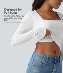 Square Neck Push-Up 2-in-1 Long Sleeve Ruched Casual T-Shirt DD-F Cups