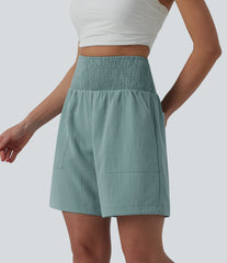 High Waisted Shirred Casual Linen-Feel Bermuda Shorts 7'' with Pockets