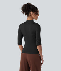 Ribbed Knit Mock Neck Half Sleeve Ruched Asymmetric Hem Casual Top
