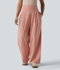 Adjustable Super High Waisted Shirred Wide Leg Casual Linen-Feel Pants with Pockets