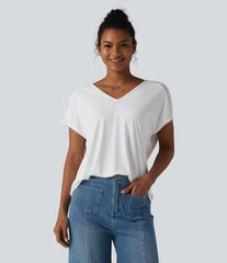 V-neck Batwing Short Sleeve Contrast Lace InstantCool Quick Dry Casual Top-UPF50+