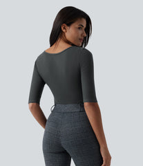 Ribbed Knit Scoop Neck Half Sleeve Work Wool-Blend Top