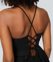 V Neck Ruched Lace Up Contrast Mesh Midi Casual Dress
