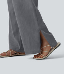 High Waisted Zip Hem Wide Leg Casual Linen-Feel Pants with Pockets