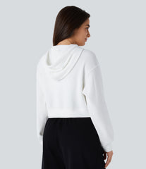 Waffle Hooded Drawstring Zipper Cropped Casual Cotton Sports Sweatshirt