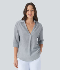 Half Sleeve Curved Hem Stripe Work Blouse