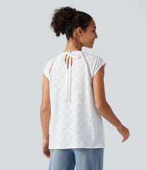 Round Neck Cap Sleeve Cut Out Tie Back Casual Blouse