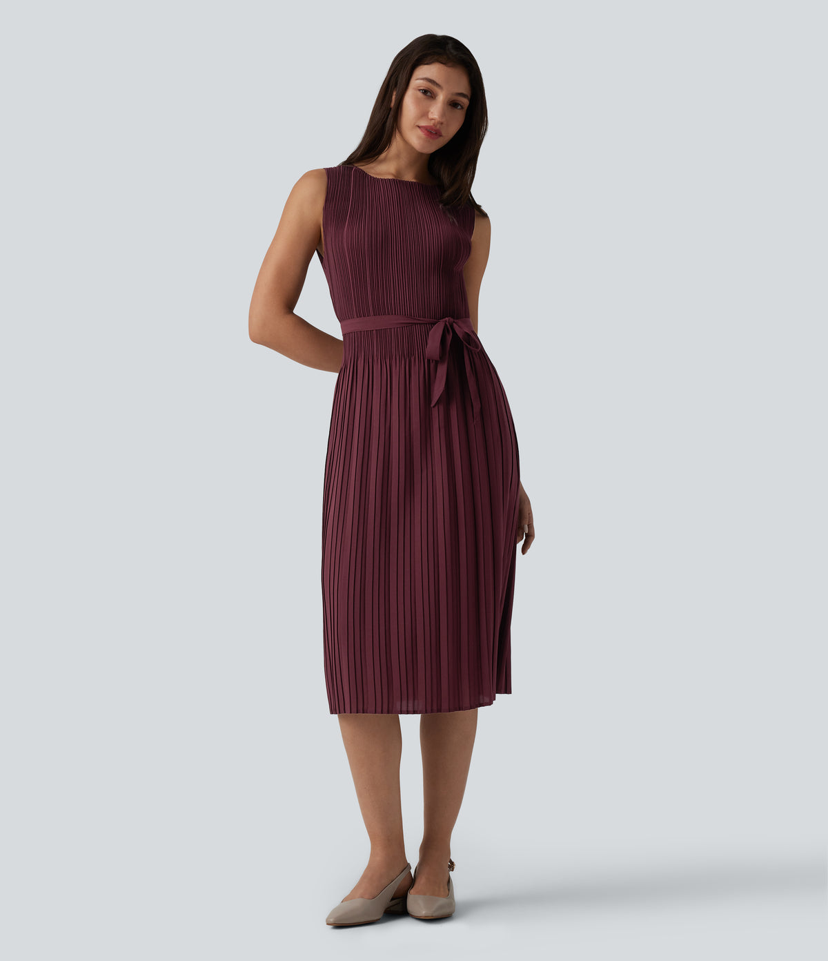 Boat Neck Sleeveless Belted Plisse Midi Work Dress