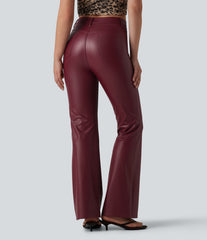 High Waisted Stretchy PU Bootcut Casual Pants with Pockets